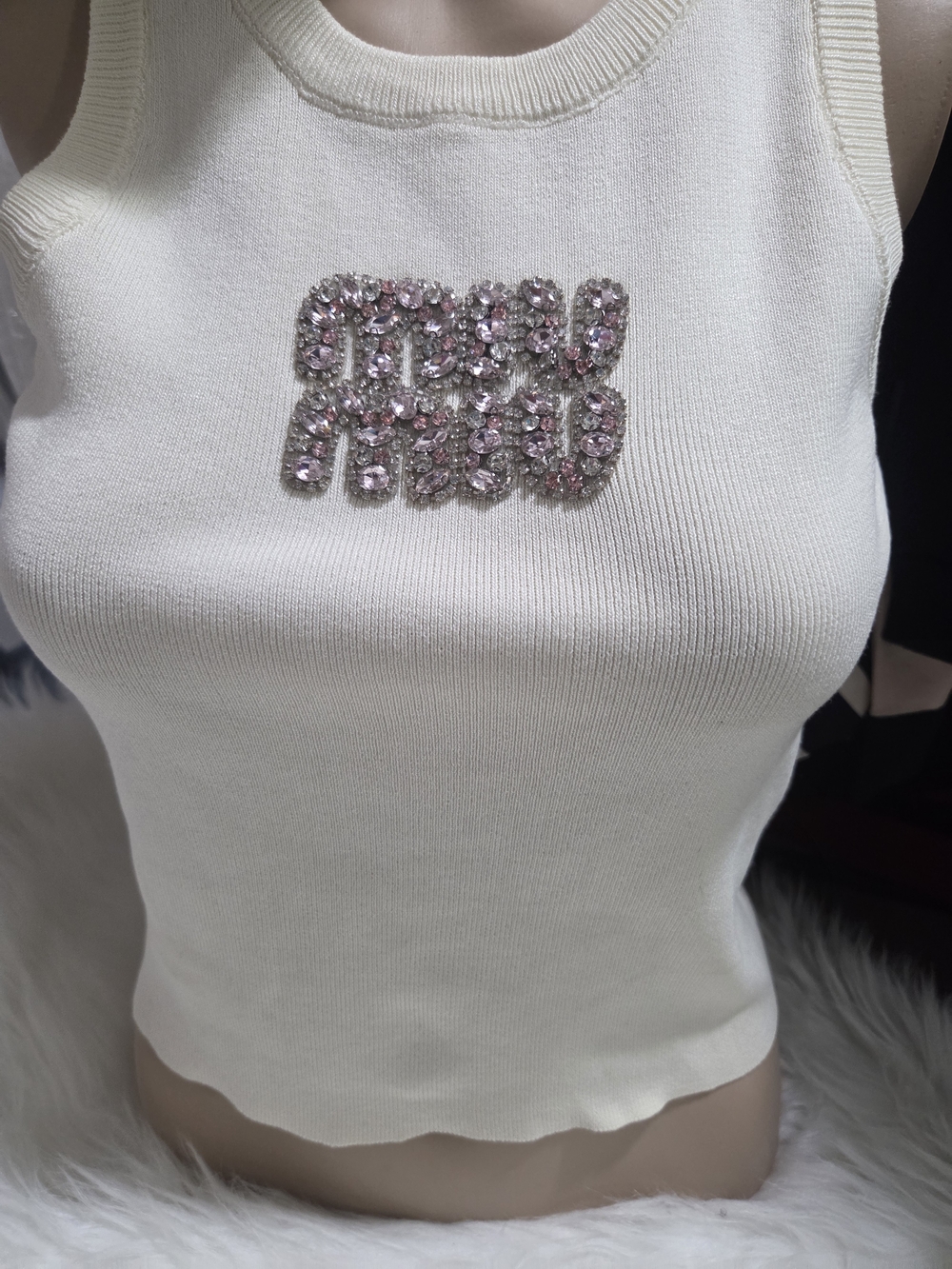 Miu Miu Cream Sleeveless Jewel-Embellished Knit Tank Top